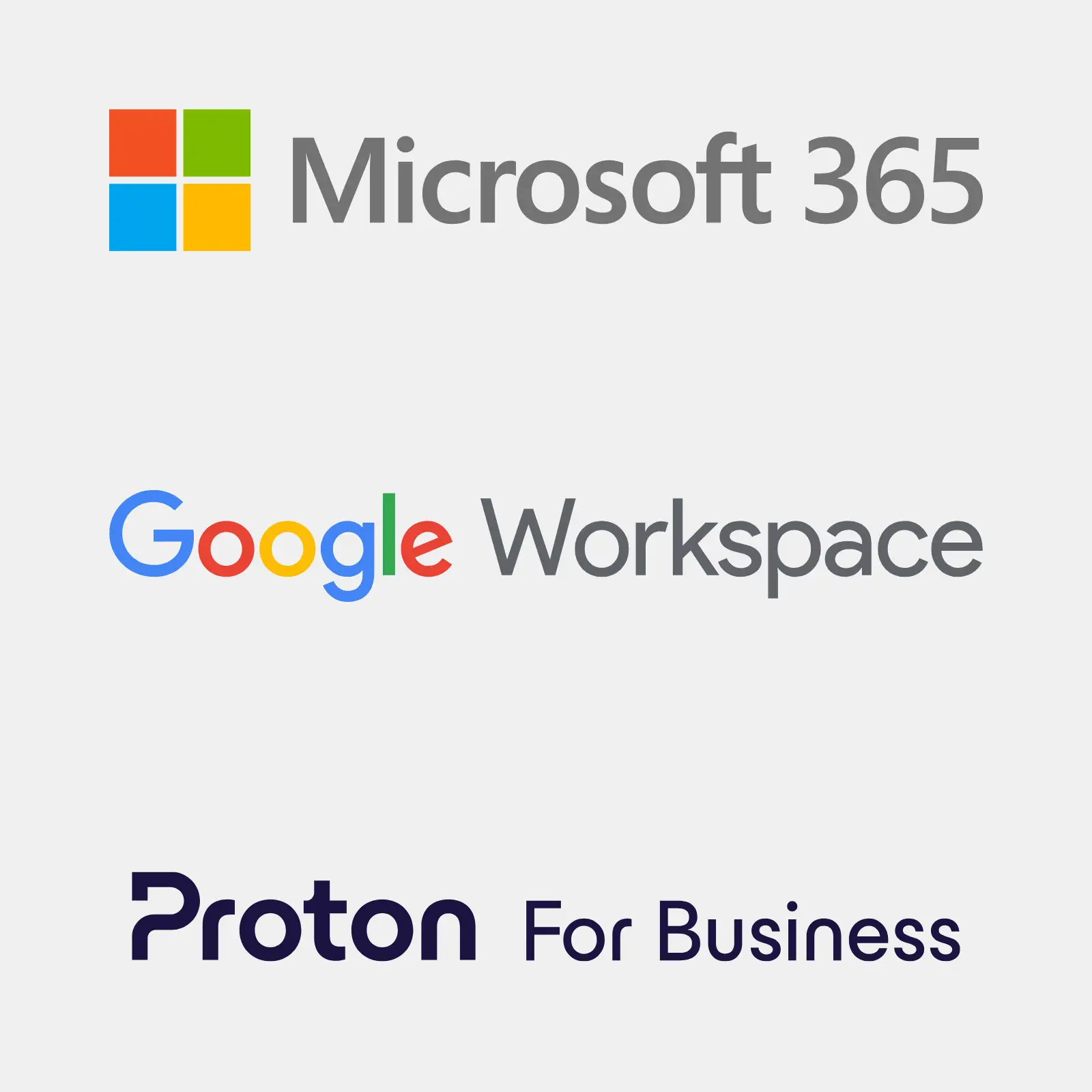 Logotypy pakietów biurowych Microsoft 365 Google Workspace i Proton for Business