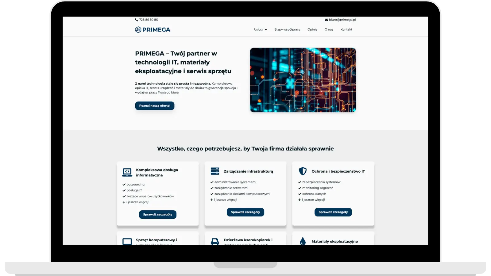 Zrzut ekranu strony internetowej firmy PRIMEGA oferującej usługi IT i serwis sprzętu komputerowego