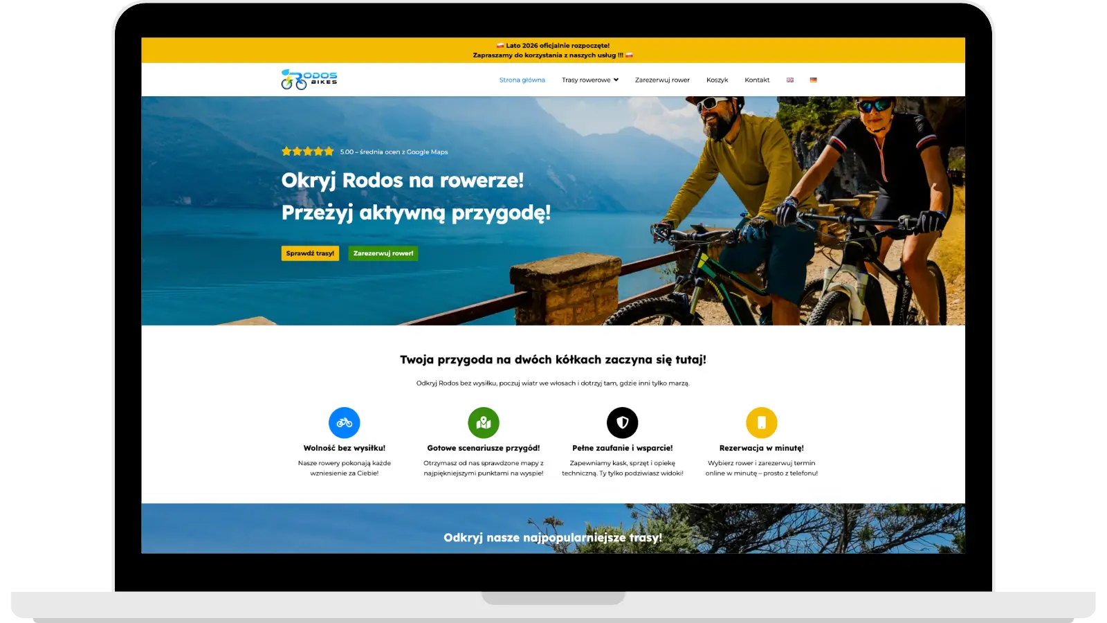 Zrzut ekranu strony internetowej wypożyczalni rowerów Rodos Bikes z rezerwacją online