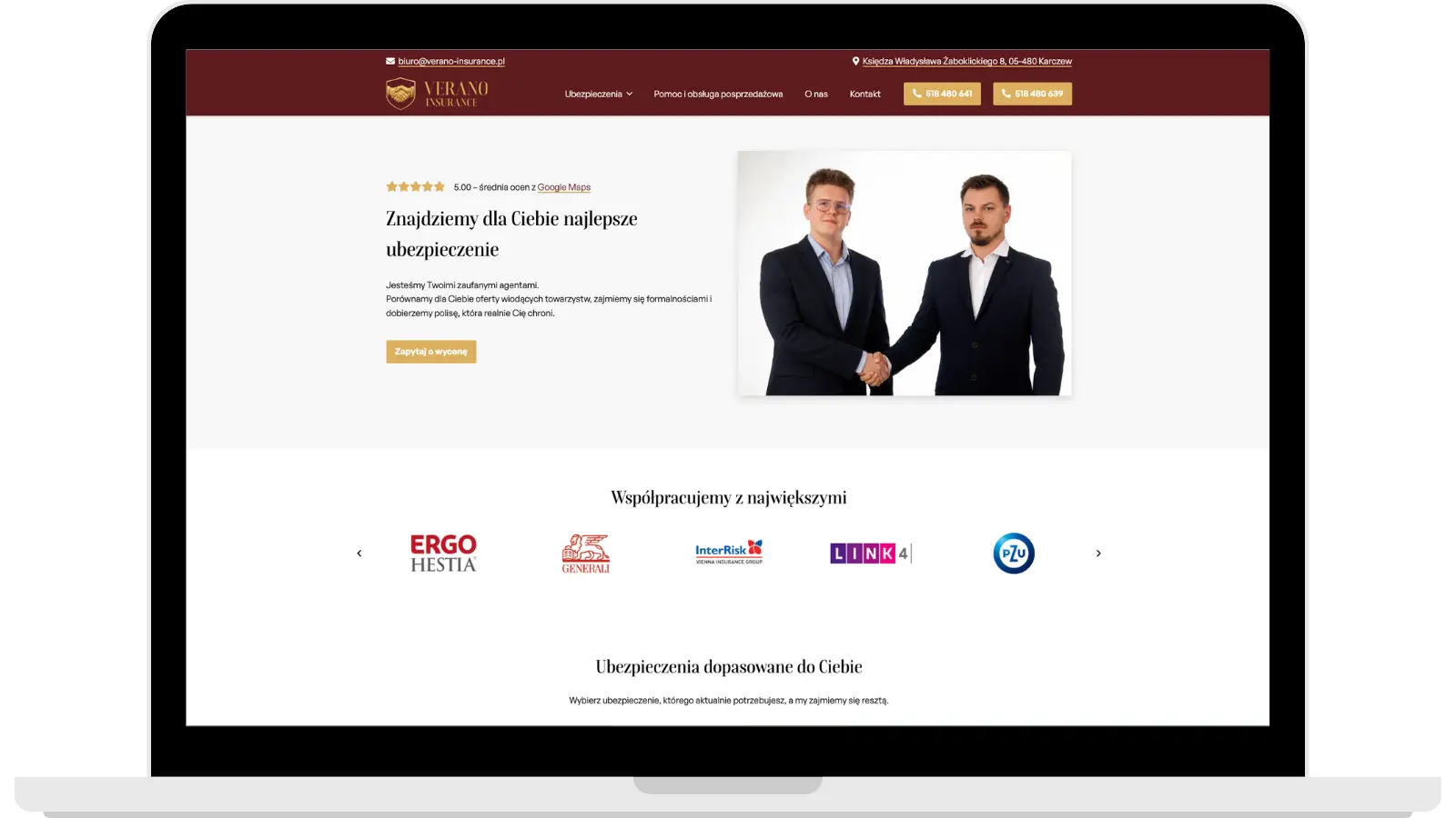 Zrzut ekranu strony internetowej agencji ubezpieczeniowej Verano Insurance